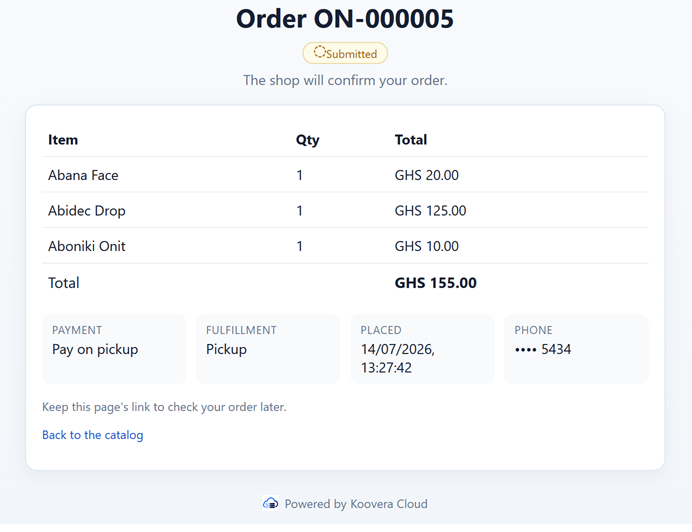 Customer's online order confirmation showing items, totals, pay-on-pickup, and order status